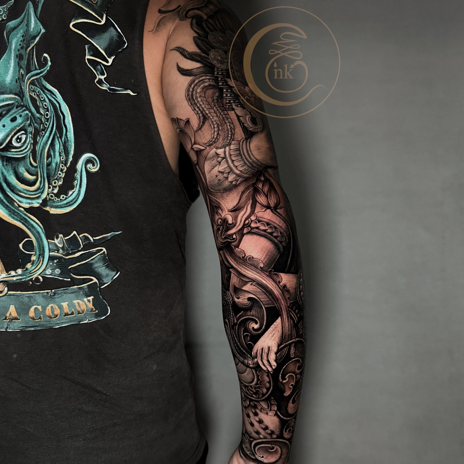 Black and gray realism full sleeve tattoo — photo 10
