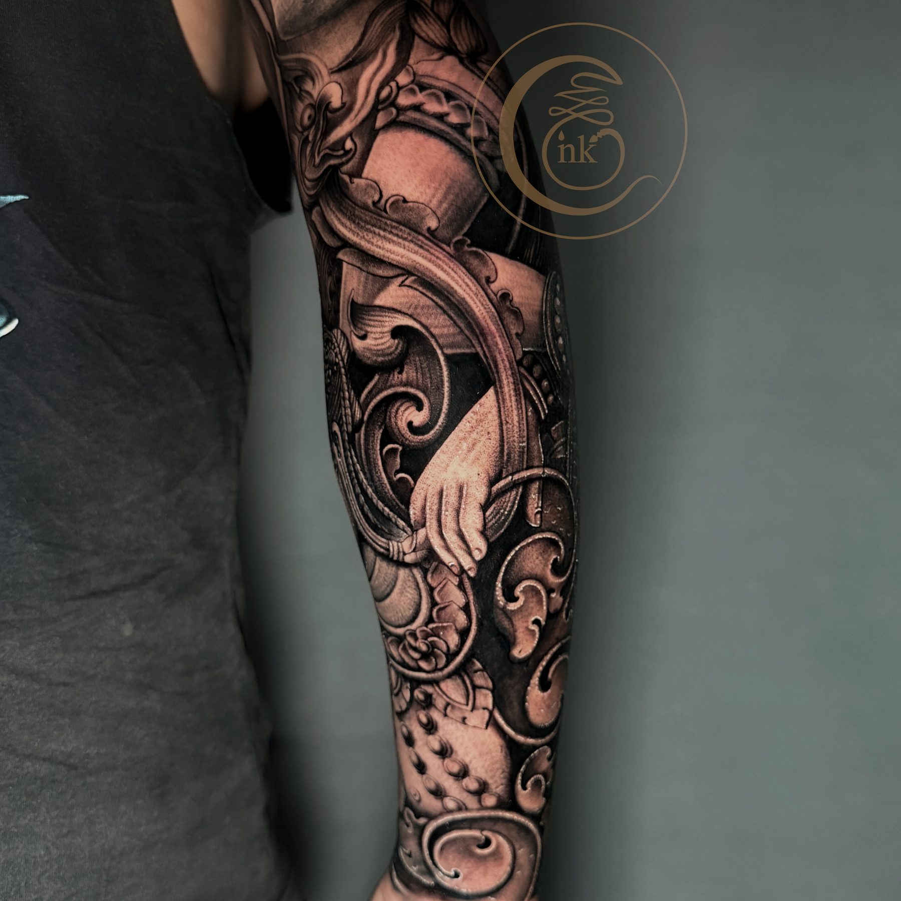 Black and gray realism full sleeve tattoo — photo 9