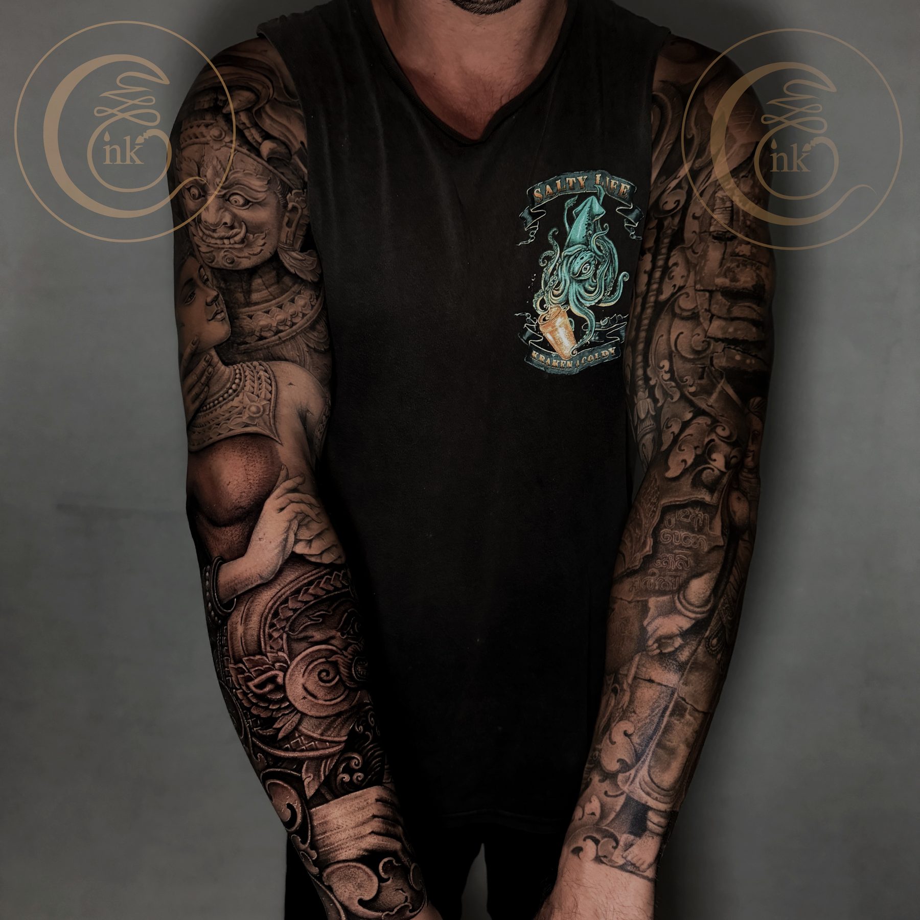 Black and gray realism full sleeve covering both arms