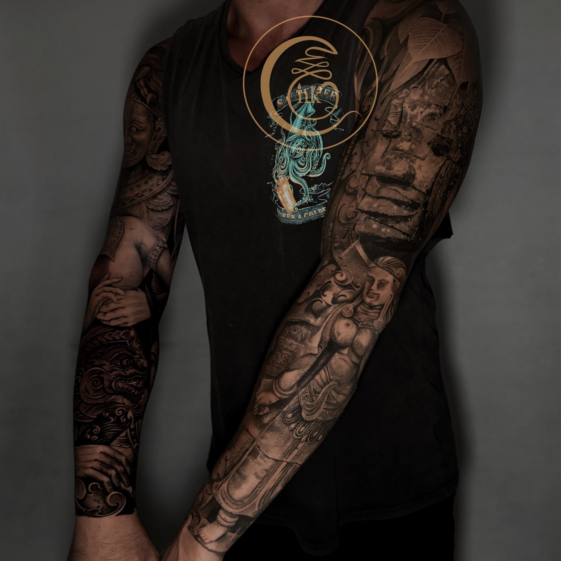 Black and gray realism full sleeve tattoo — photo 7