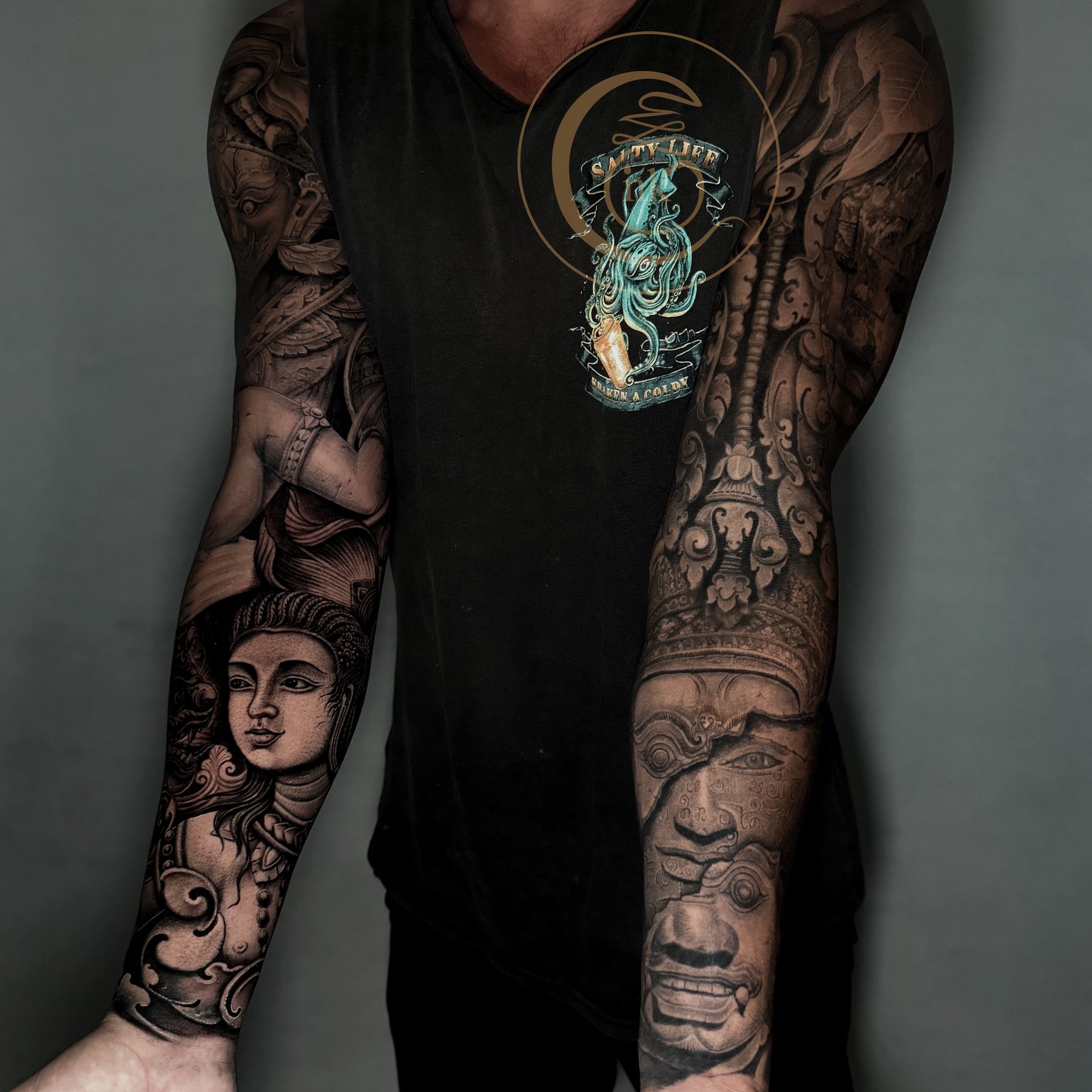 Black and gray realism full sleeve tattoo — photo 6