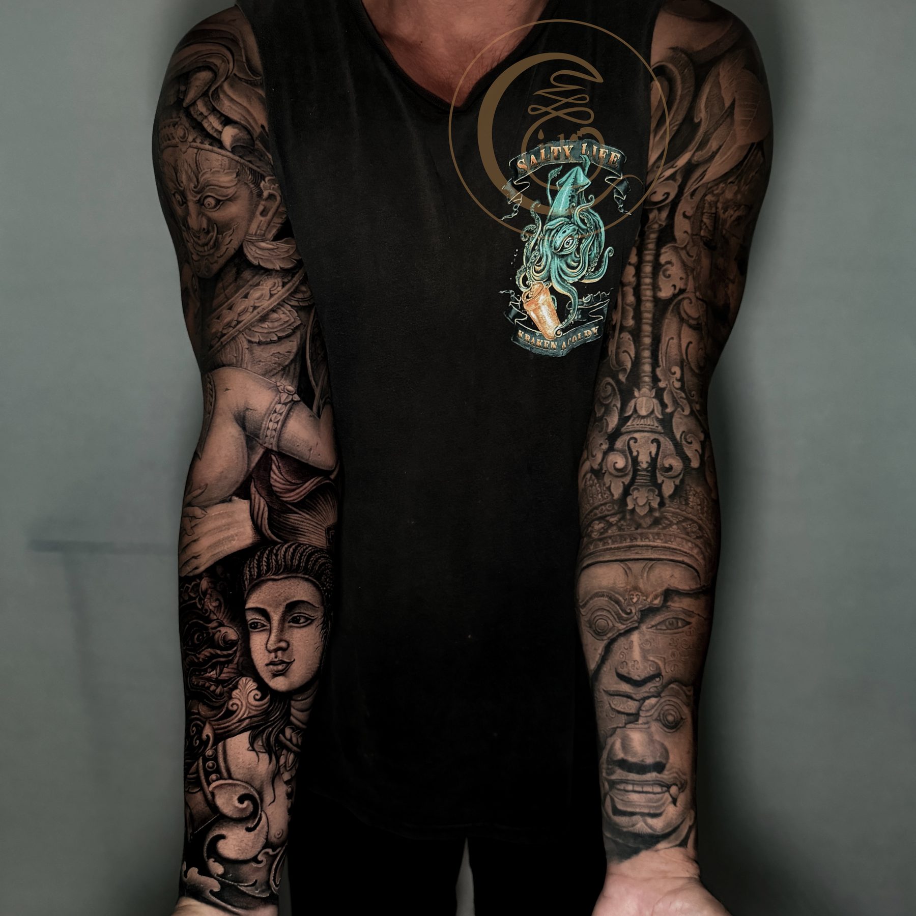 Black and gray realism full sleeve tattoo — photo 5