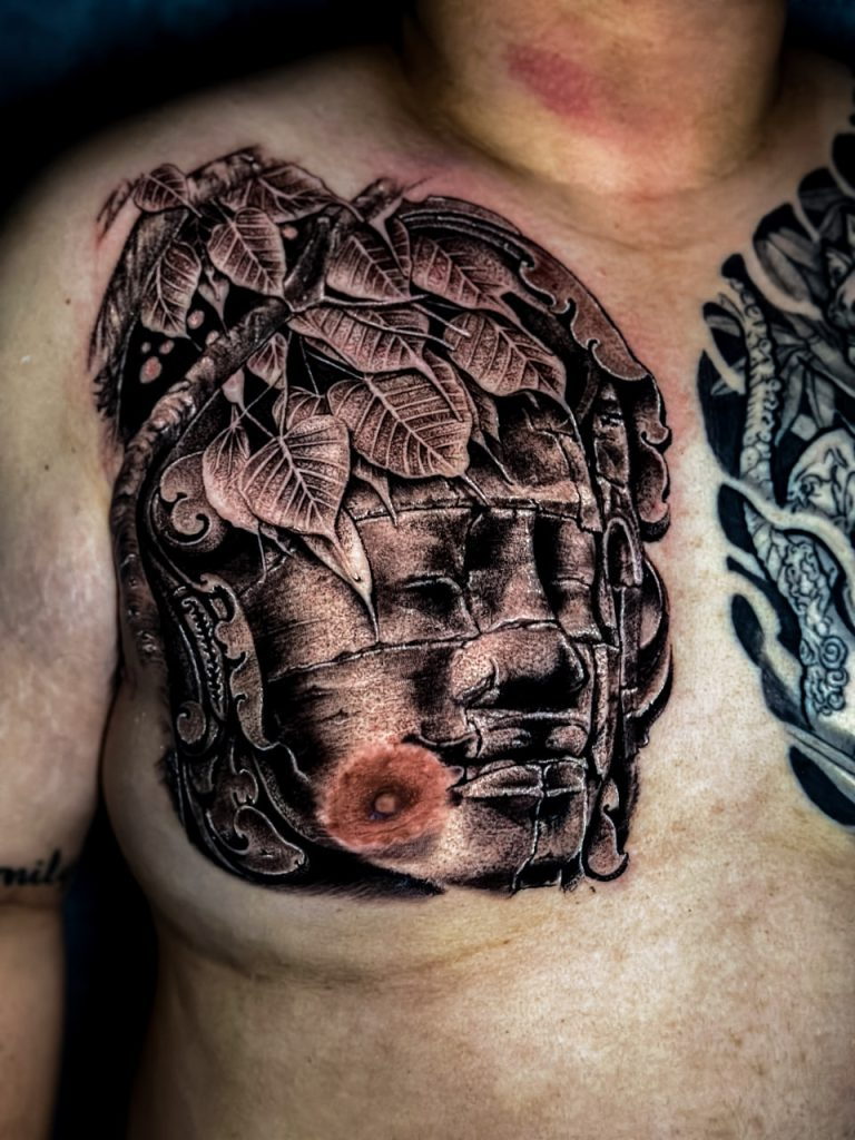 Bayon Face & Bodhi Leaves: Khmer Chest Tattoo
