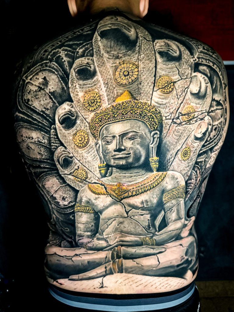 Bhaisajyaguru Sheltered by the Naga: Angkorian Stone-Carved Style with Gilded Ornaments