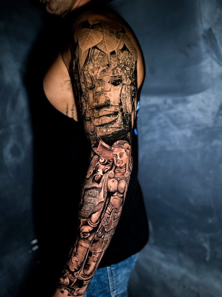 Full-Sleeve Khmer Art: A Fusion of Bayon, Apsara, and Dvarapala