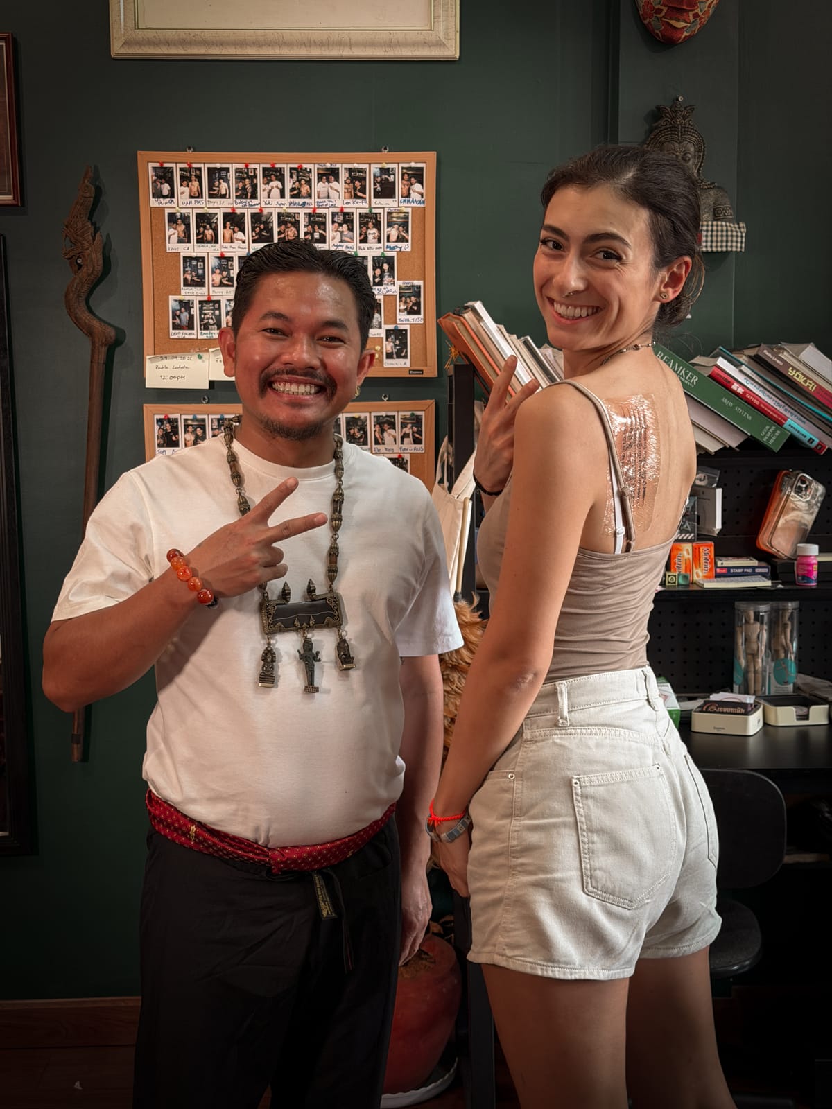 Close-up of a five-row Khmer yantra tattoo.